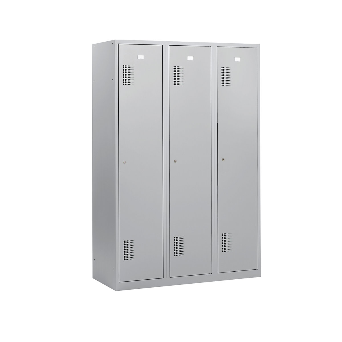 AMSTERDAM cloakroom locker – eurokraft basic, height 1800 mm, width 1200 mm, 3 x 398 mm wide compartments, with cylinder lock, completely light grey-9