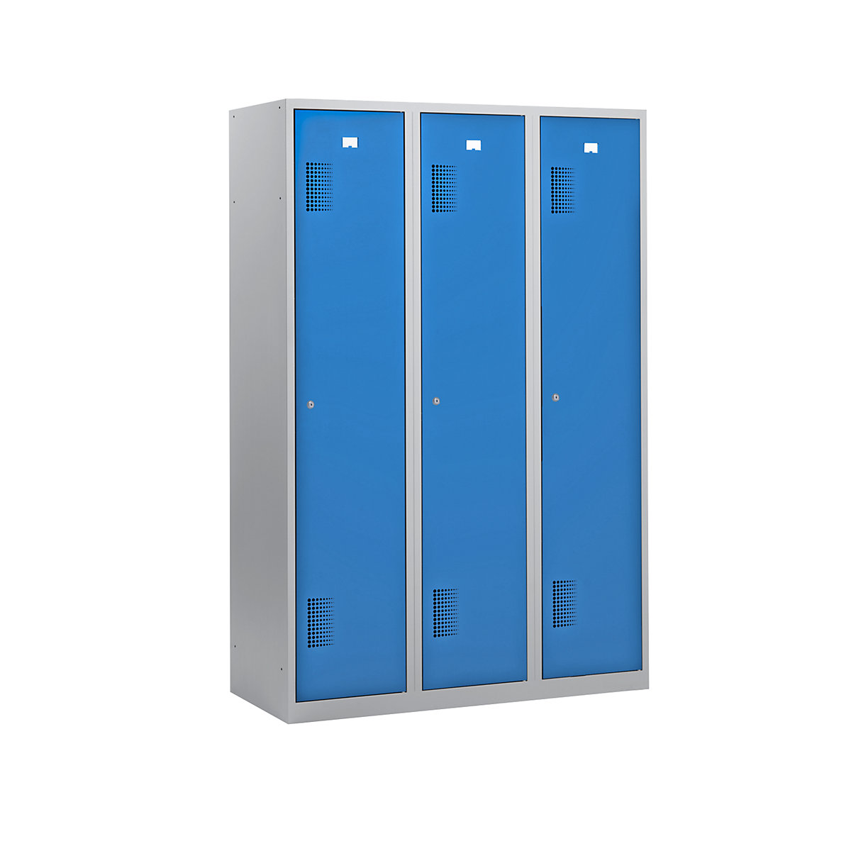 AMSTERDAM cloakroom locker – eurokraft basic, height 1800 mm, width 1200 mm, 3 x 398 mm wide compartments, with cylinder lock, light grey body, light blue doors-18