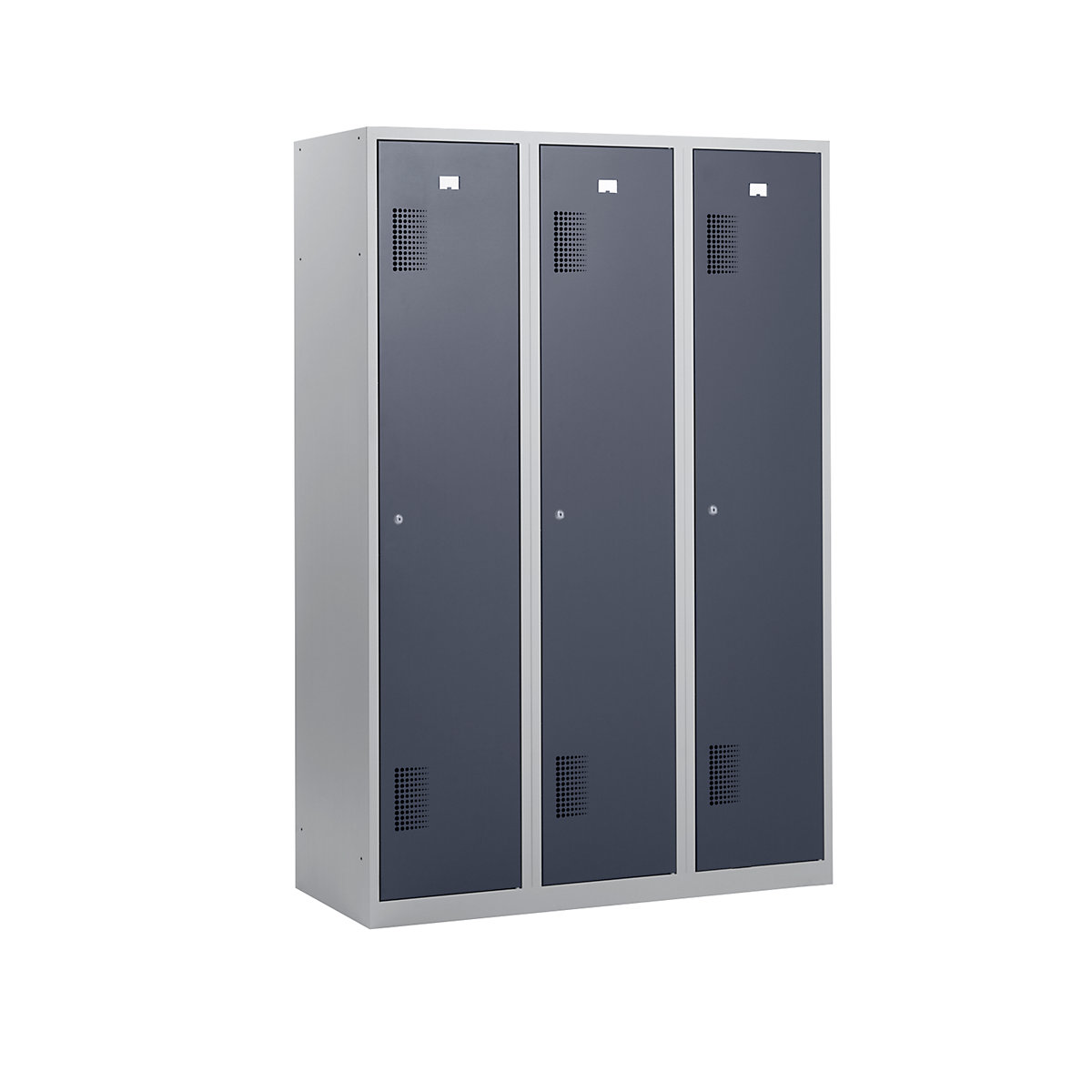 AMSTERDAM cloakroom locker – eurokraft basic, height 1800 mm, width 1200 mm, 3 x 398 mm wide compartments, with cylinder lock, light grey body, basalt grey doors-16