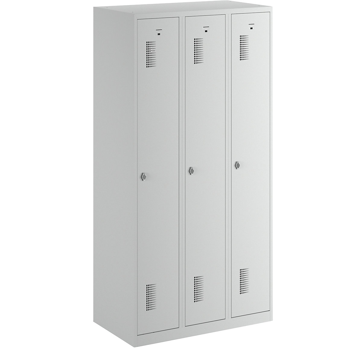 AMSTERDAM cloakroom locker – eurokraft basic, height 1800 mm, width 900 mm, 3 x 298 mm wide compartments, with fittings for padlock, completely light grey-24