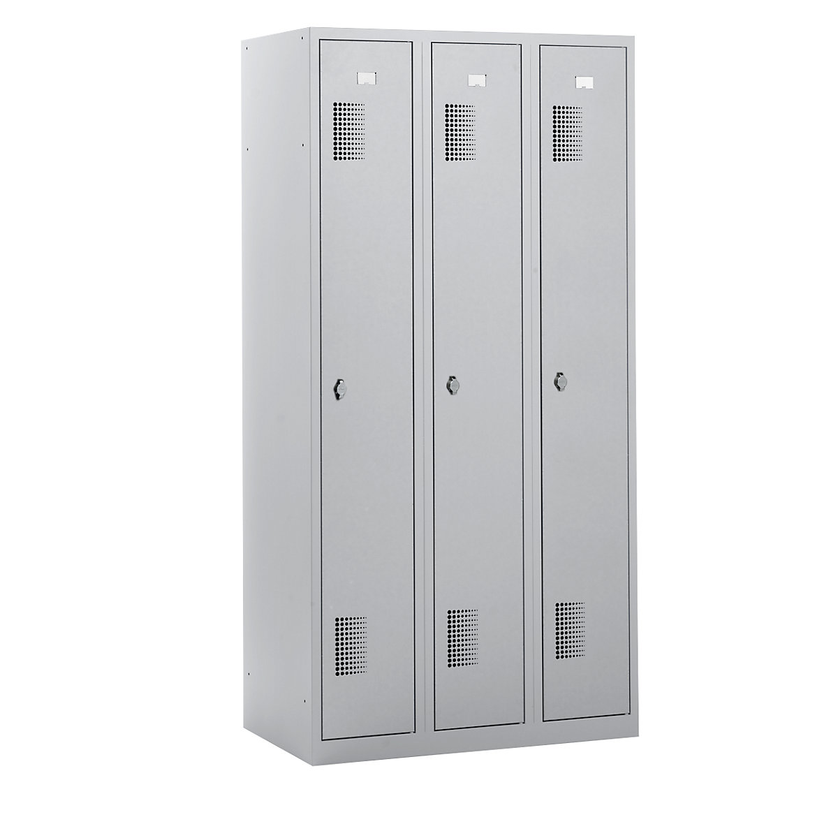 AMSTERDAM cloakroom locker – eurokraft basic, height 1800 mm, width 900 mm, 3 x 298 mm wide compartments, with fittings for padlock, completely light grey-24