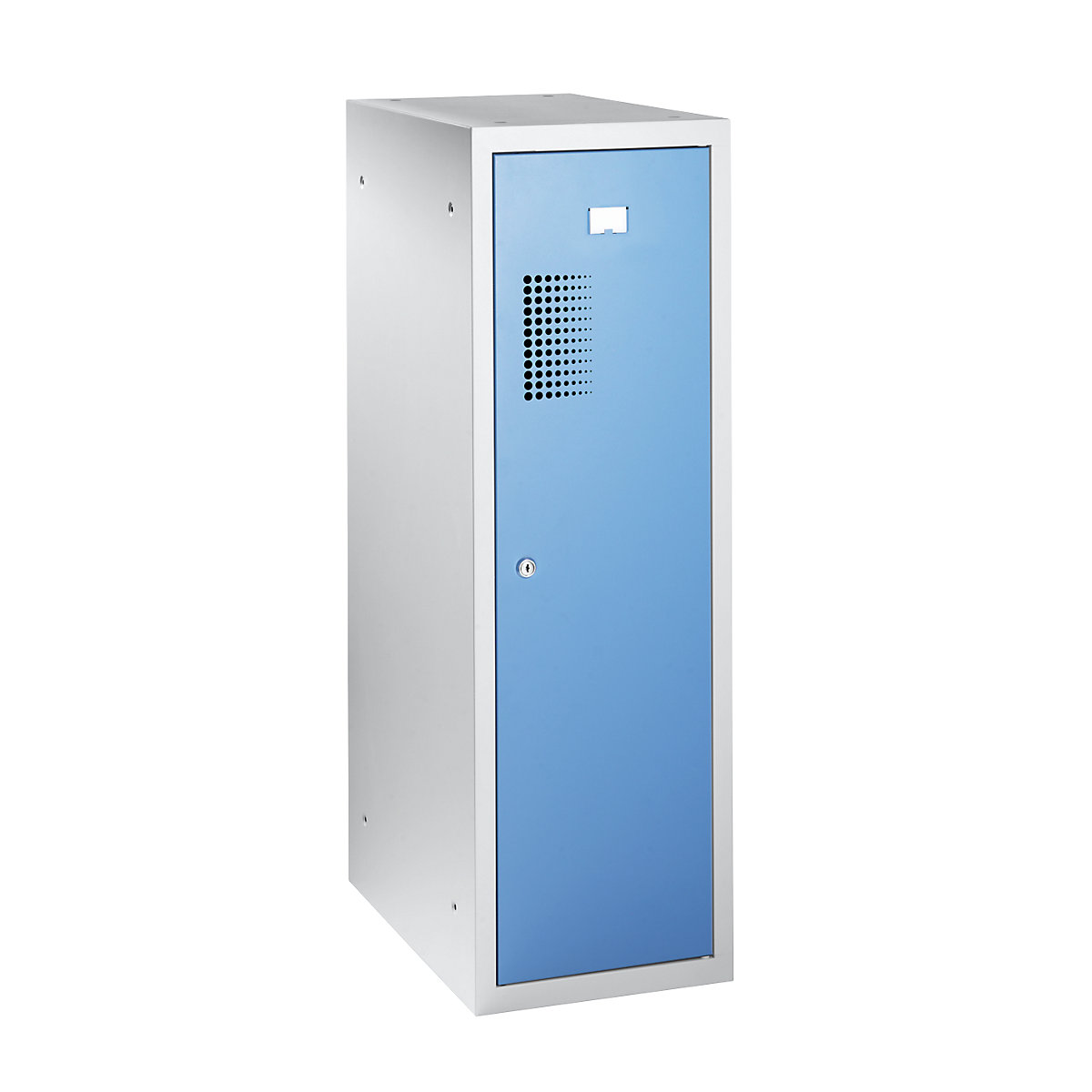 AMSTERDAM combination compartment locker, single module – eurokraft basic, HxWxD 1000 x 300 x 500 mm, with cylinder lock, light grey body, light blue door-4