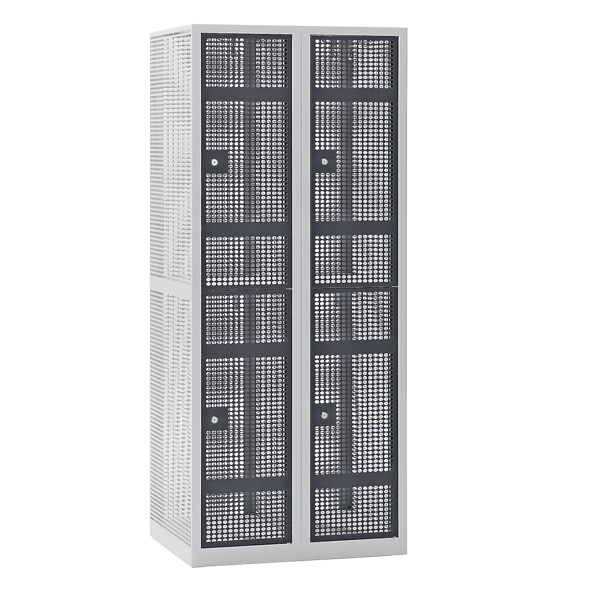 AMSTERDAM perforated sheet steel locker, width 800 mm – eurokraft pro, compartment 400 mm, 4 compartments, cylinder lock, basalt grey doors