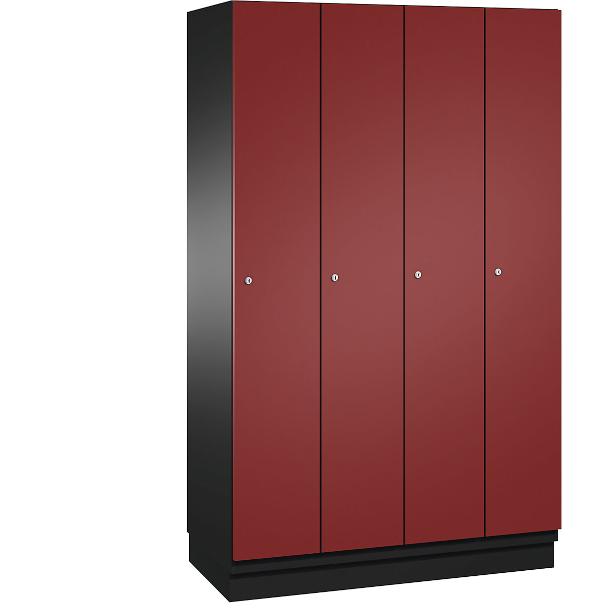 CAMBIO cloakroom locker with sheet steel doors – C+P, 4 compartments, 1200 mm wide, body black grey / door ruby red-4