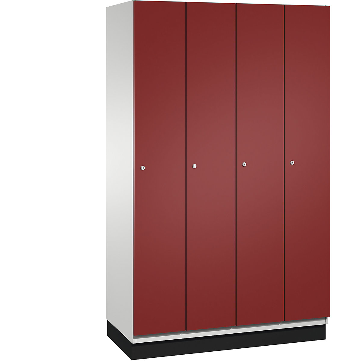 CAMBIO cloakroom locker with sheet steel doors – C+P, 4 compartments, 1200 mm wide, body light grey / door ruby red-6