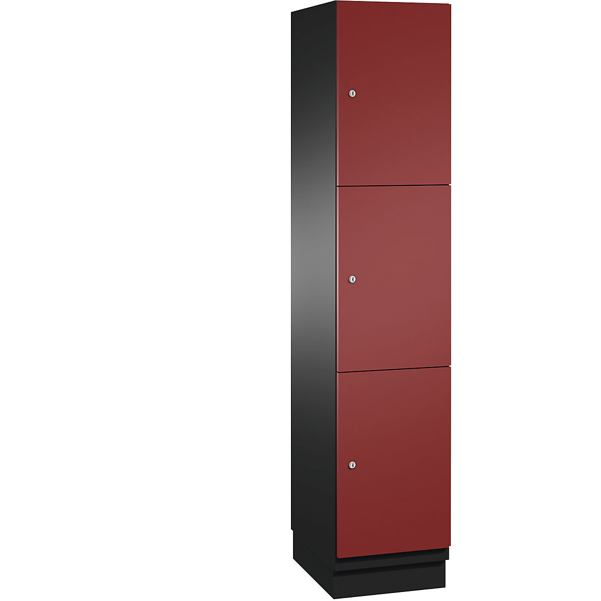 CAMBIO compartment locker with sheet steel doors – C+P, 3 compartments, width 400 mm, body black grey / door ruby red-3