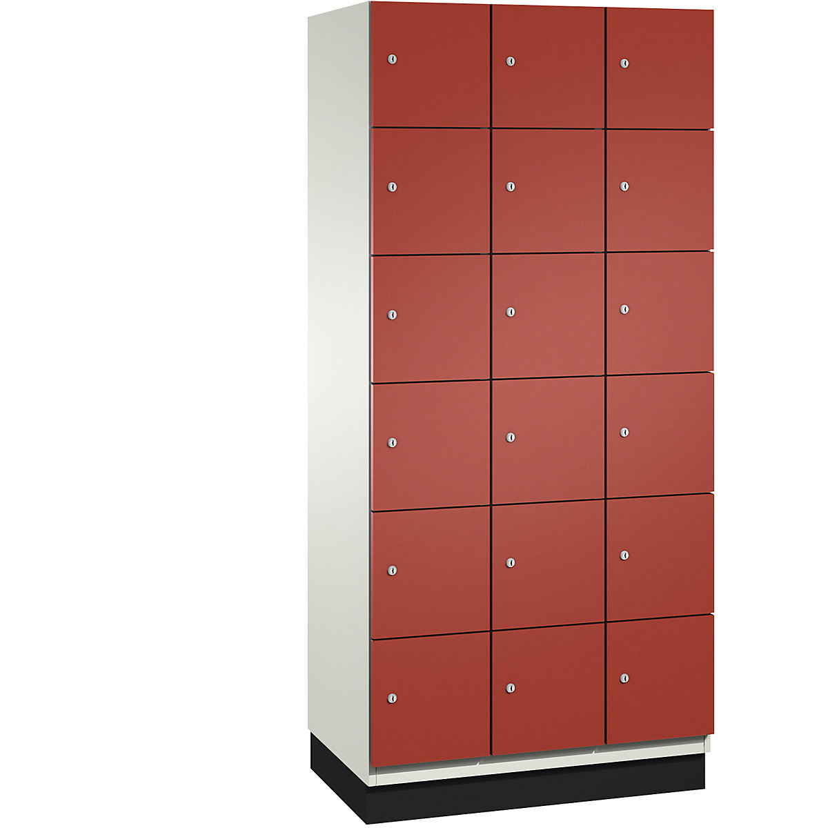 C+P – CAMBIO compartment locker with sheet steel doors, 18 compartments, width 900 mm, body pure white / door flame red