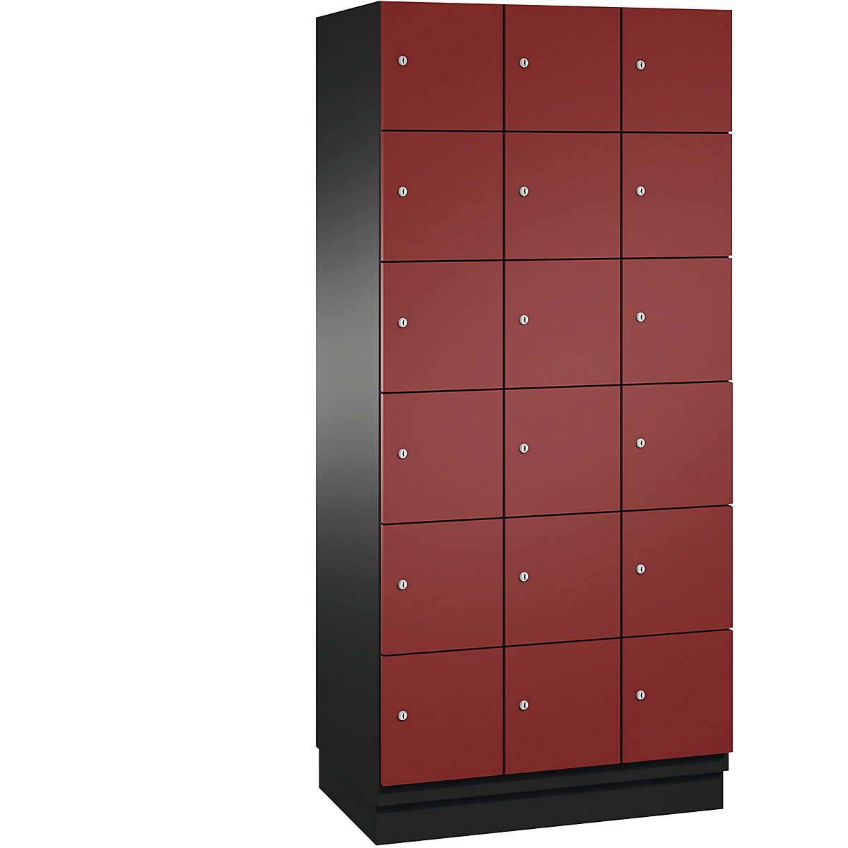 C+P – CAMBIO compartment locker with sheet steel doors, 18 compartments, width 900 mm, body black grey / door ruby red