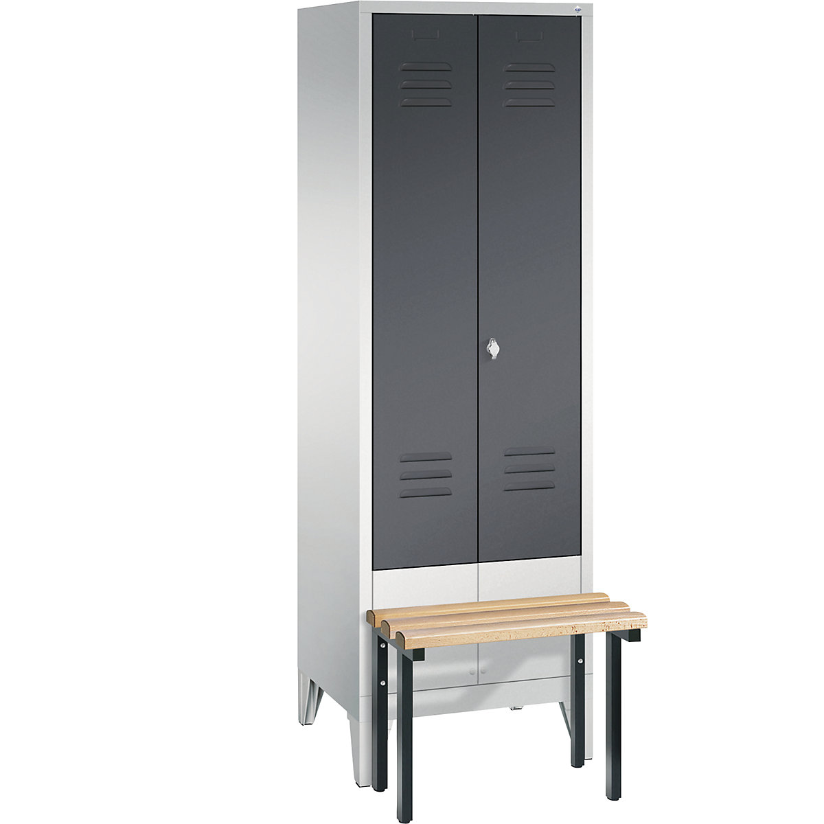 CLASSIC cloakroom locker with bench mounted at front, doors close in the middle – C+P
