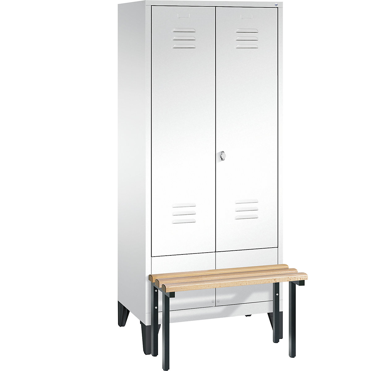 CLASSIC cloakroom locker with bench mounted at front, doors close in the middle – C+P