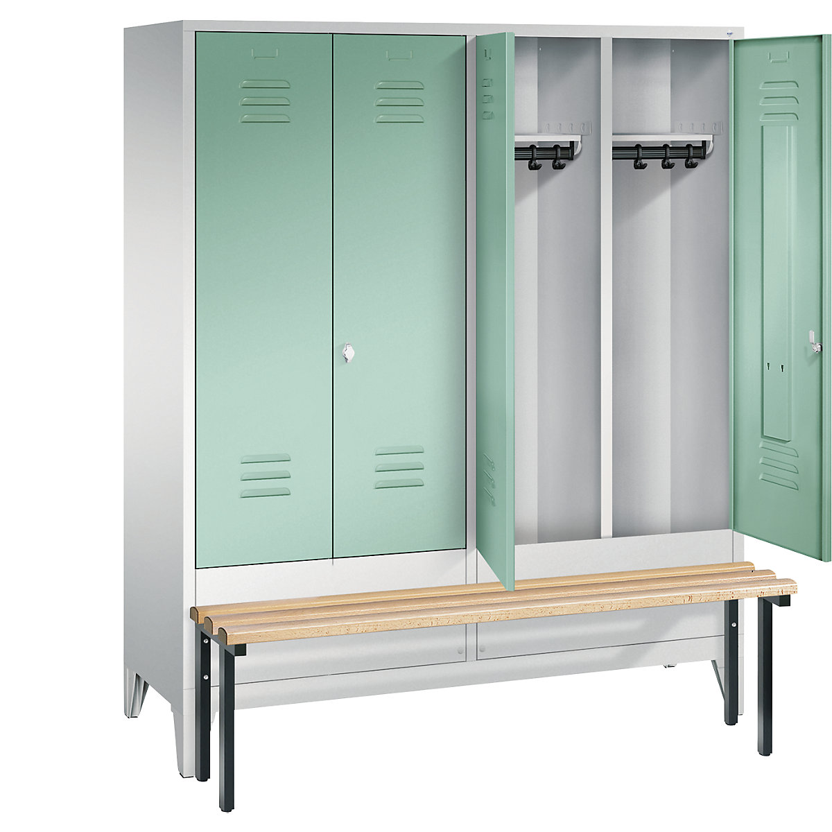 CLASSIC cloakroom locker with bench mounted at front, doors close in the middle – C+P (Product illustration 2)-1