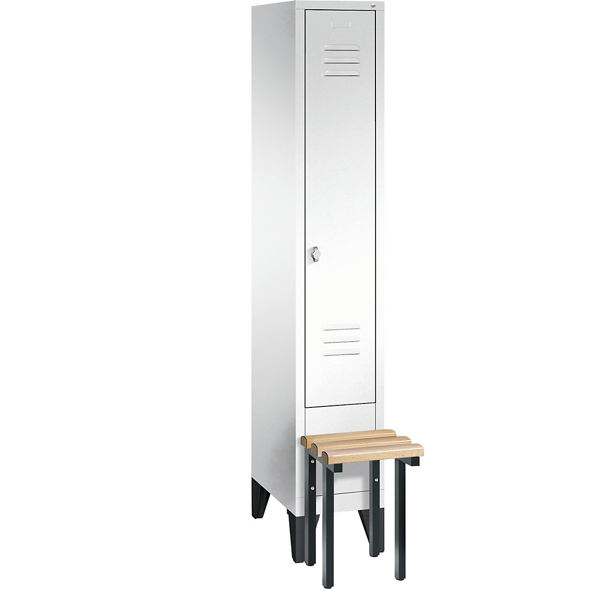 CLASSIC cloakroom locker with bench mounted in front – C+P, 1 compartment, compartment width 300 mm, traffic white-12