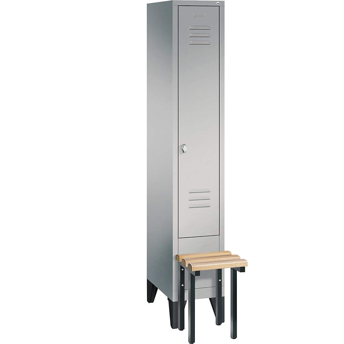 CLASSIC cloakroom locker with bench mounted in front – C+P, 1 compartment, compartment width 300 mm, white aluminium-8
