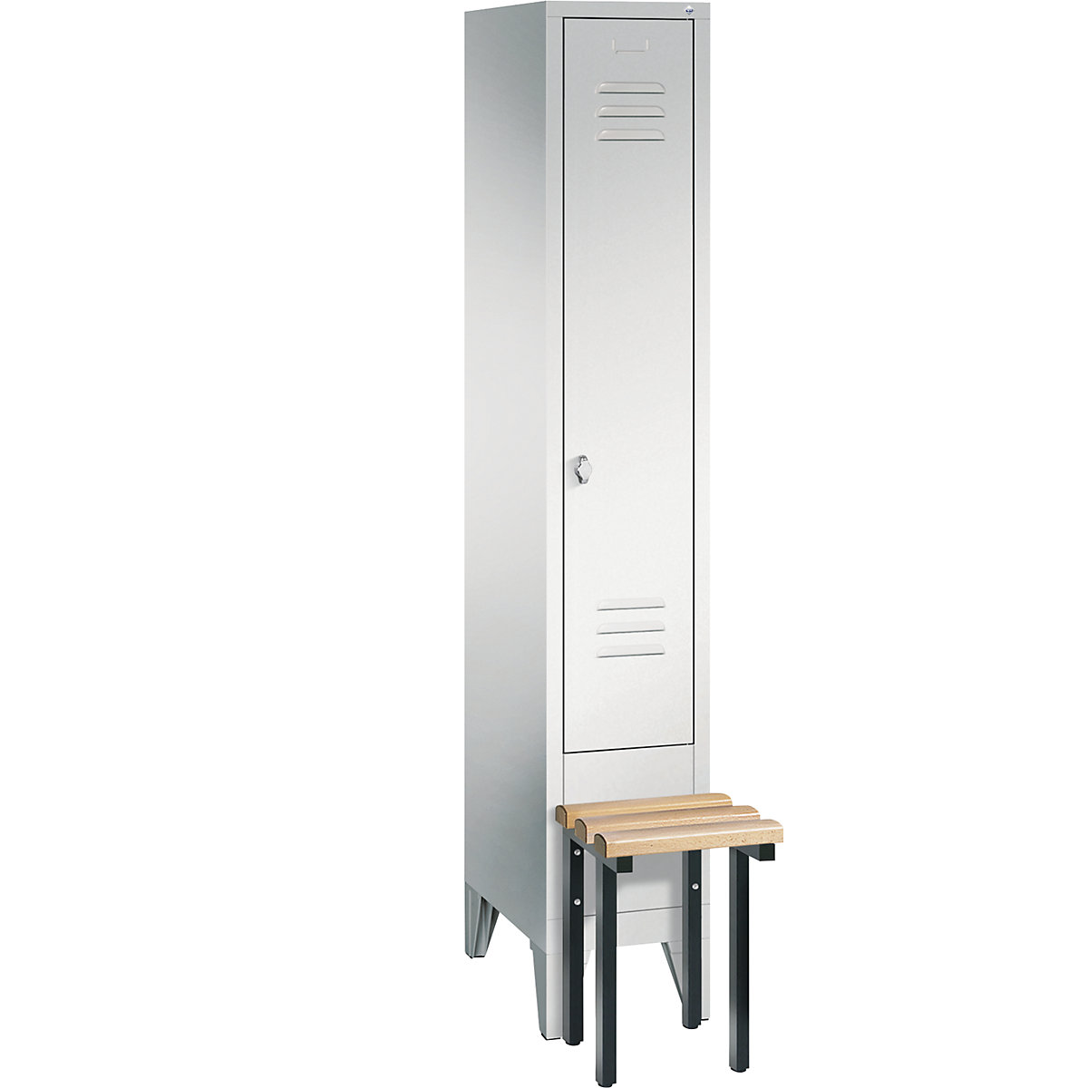 CLASSIC cloakroom locker with bench mounted in front – C+P, 1 compartment, compartment width 300 mm, light grey-6