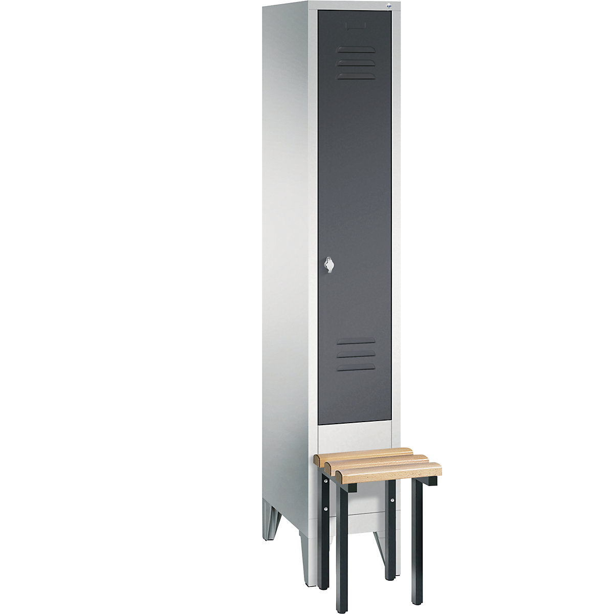 CLASSIC cloakroom locker with bench mounted in front – C+P, 1 compartment, compartment width 300 mm, light grey / black grey-4