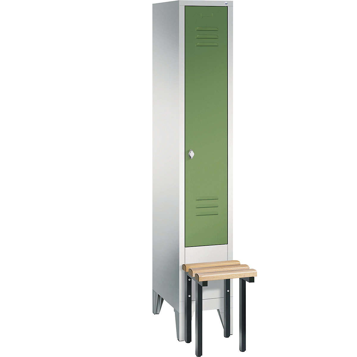 CLASSIC cloakroom locker with bench mounted in front – C+P, 1 compartment, compartment width 300 mm, light grey / reseda green-3
