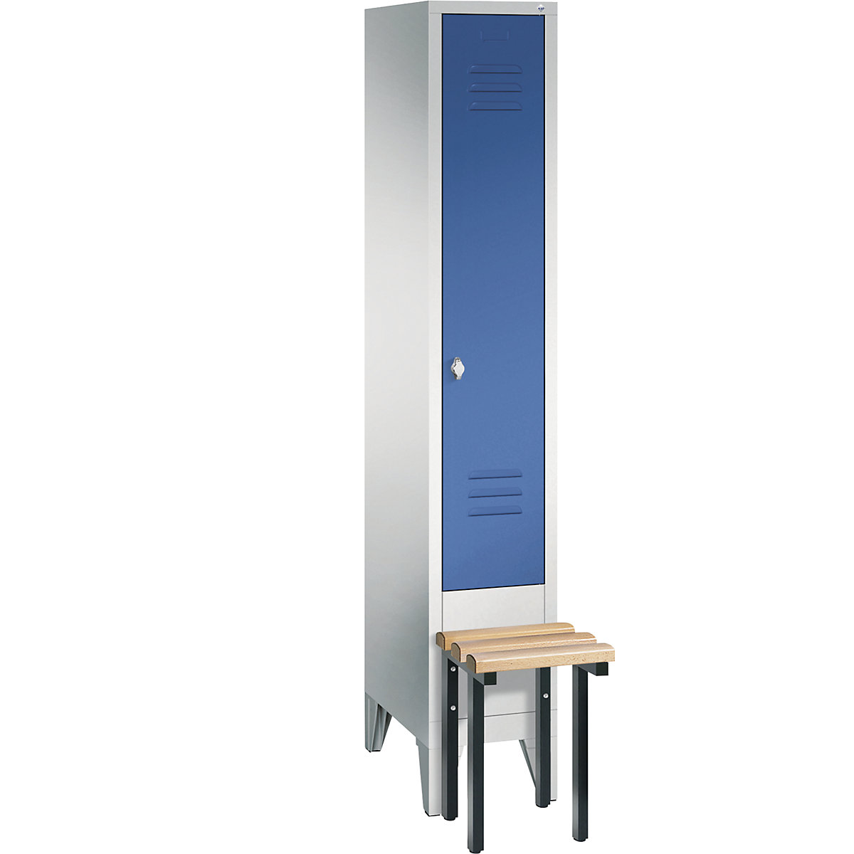 CLASSIC cloakroom locker with bench mounted in front – C+P, 1 compartment, compartment width 300 mm, light grey / gentian blue-9