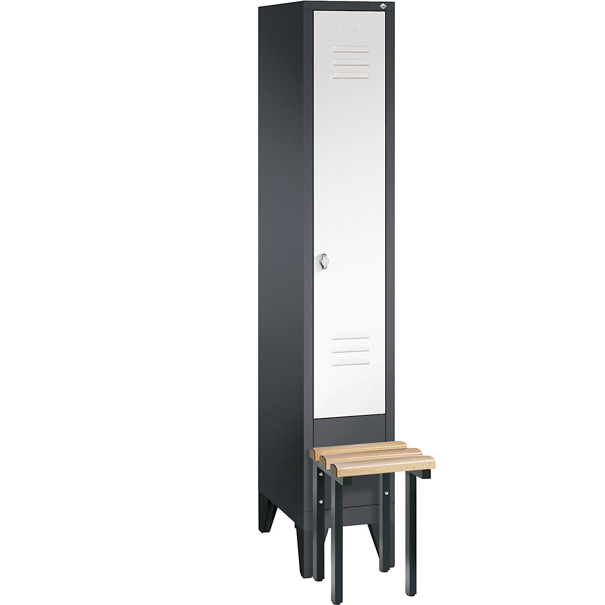CLASSIC cloakroom locker with bench mounted in front – C+P, 1 compartment, compartment width 300 mm, black grey / traffic white-13