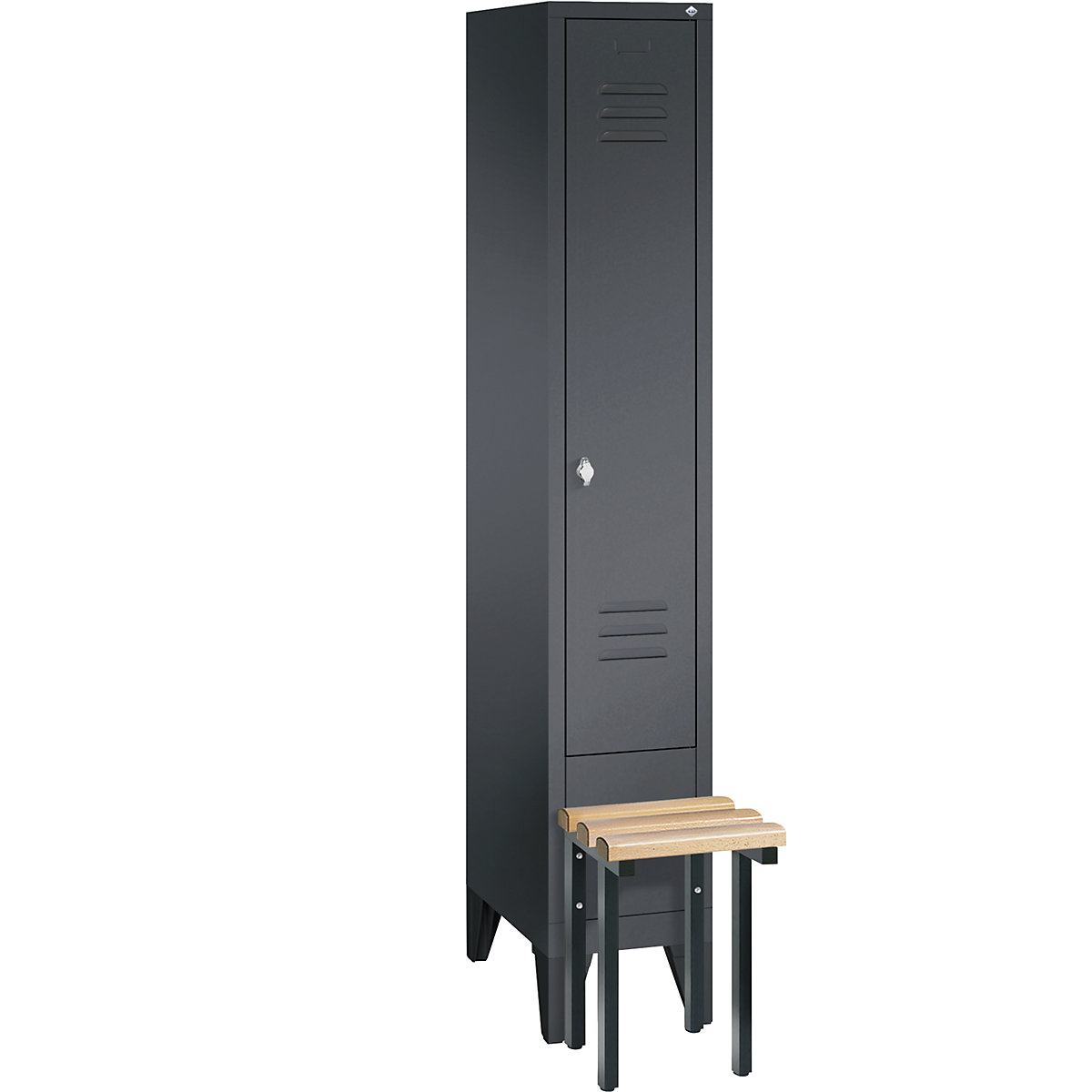 CLASSIC cloakroom locker with bench mounted in front – C+P, 1 compartment, compartment width 300 mm, black grey-7