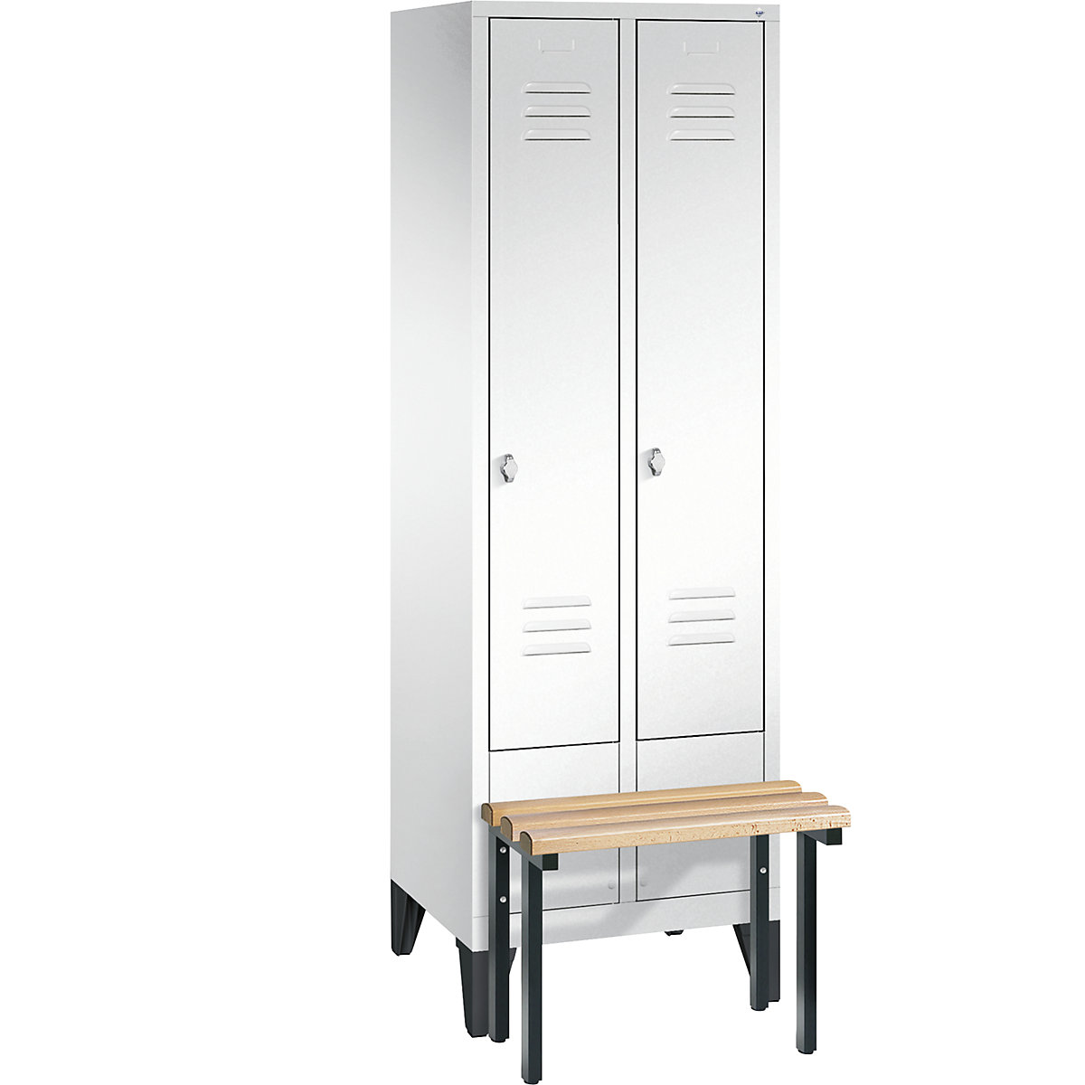 CLASSIC cloakroom locker with bench mounted in front – C+P, 2 compartments, compartment width 300 mm, traffic white-14