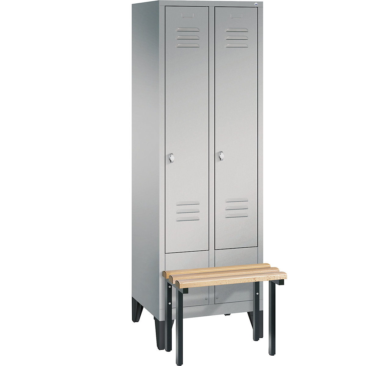 CLASSIC cloakroom locker with bench mounted in front – C+P, 2 compartments, compartment width 300 mm, white aluminium-10