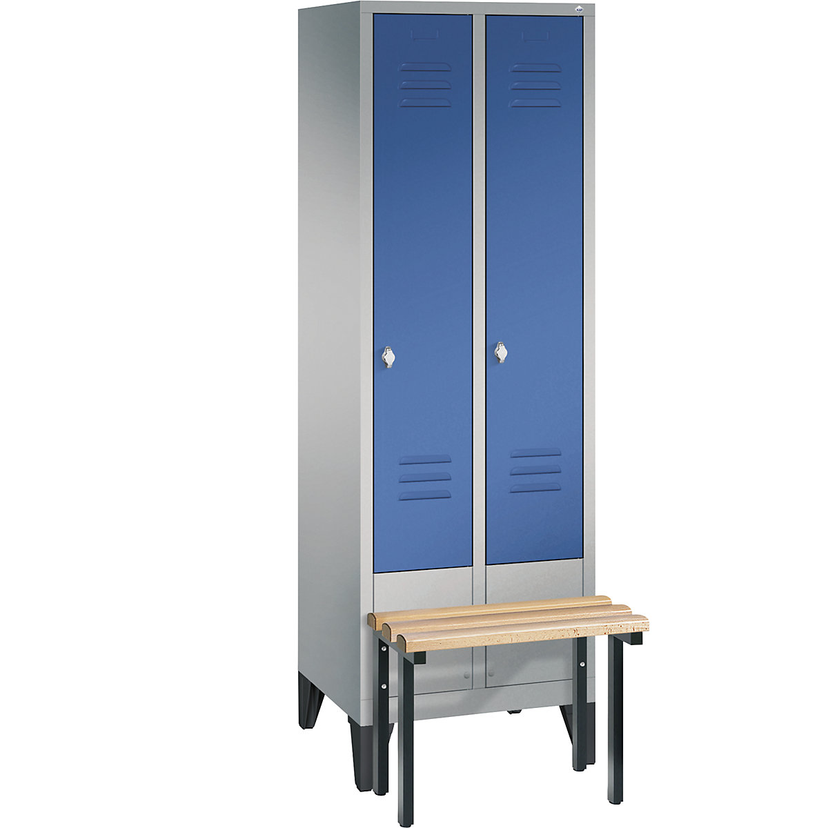 CLASSIC cloakroom locker with bench mounted in front – C+P, 2 compartments, compartment width 300 mm, white aluminium / gentian blue-12