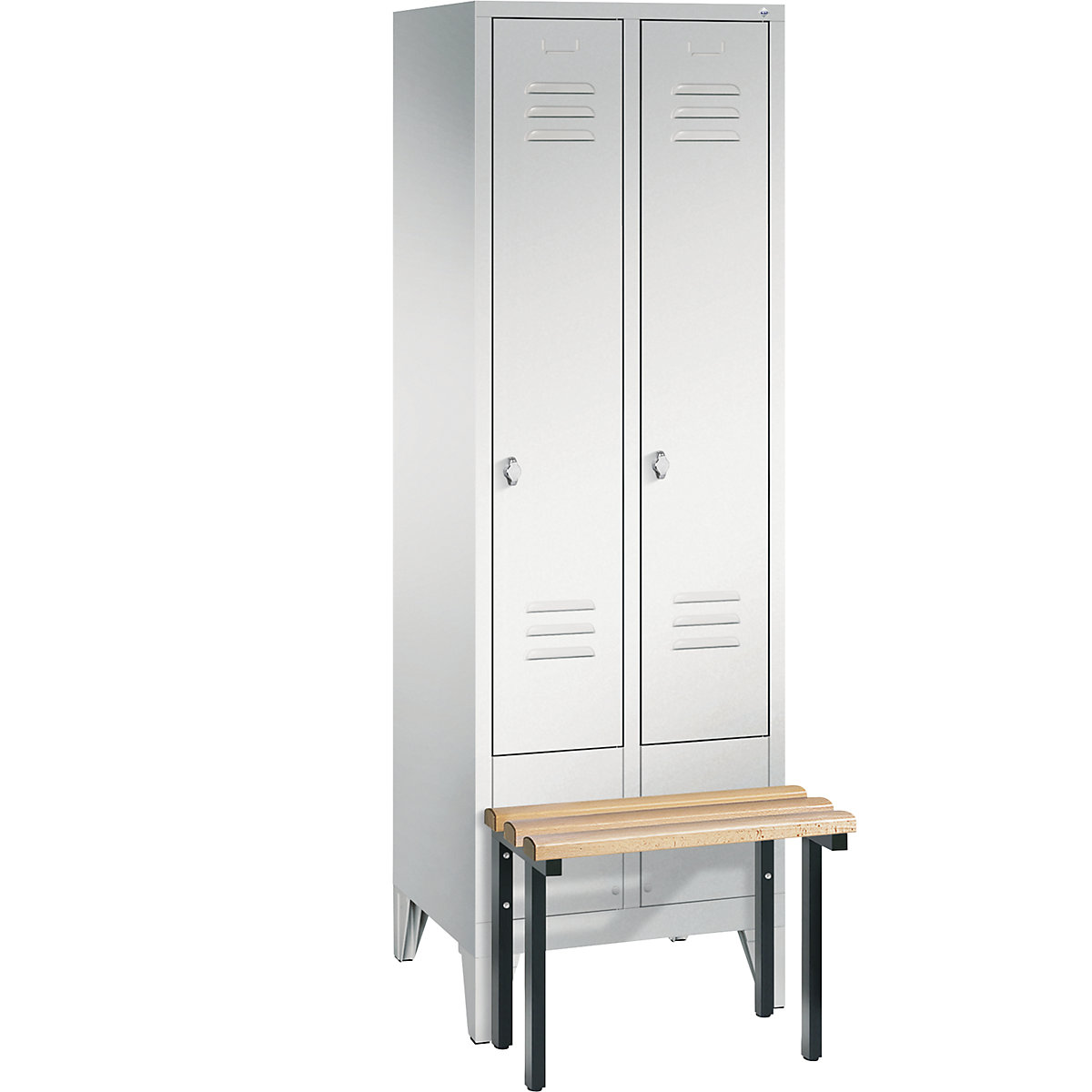 CLASSIC cloakroom locker with bench mounted in front – C+P, 2 compartments, compartment width 300 mm, light grey-4