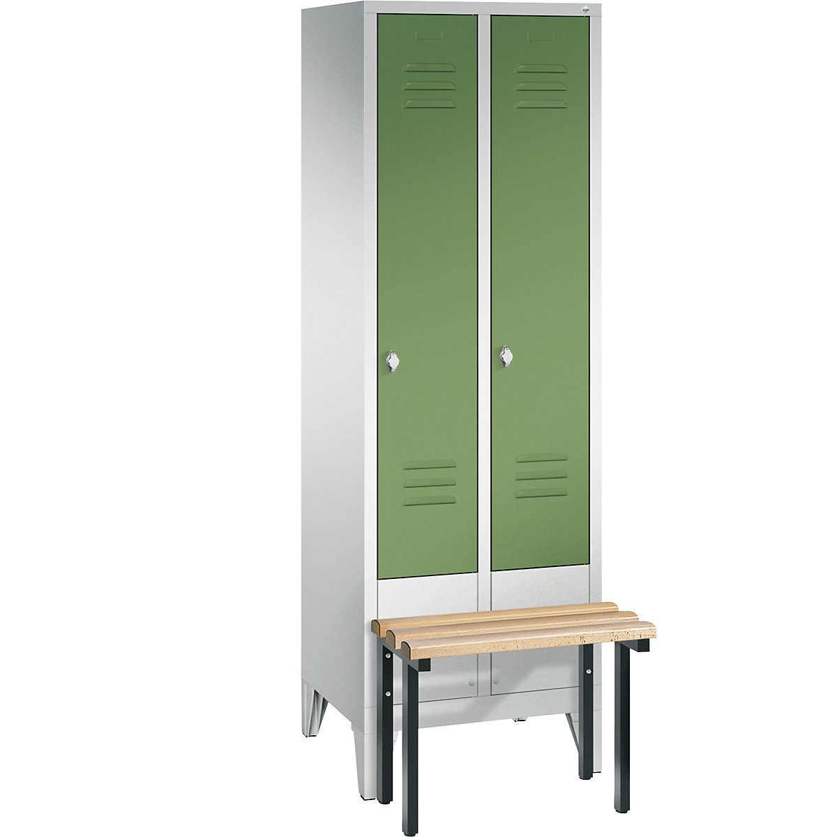 CLASSIC cloakroom locker with bench mounted in front – C+P, 2 compartments, compartment width 300 mm, light grey / reseda green-7