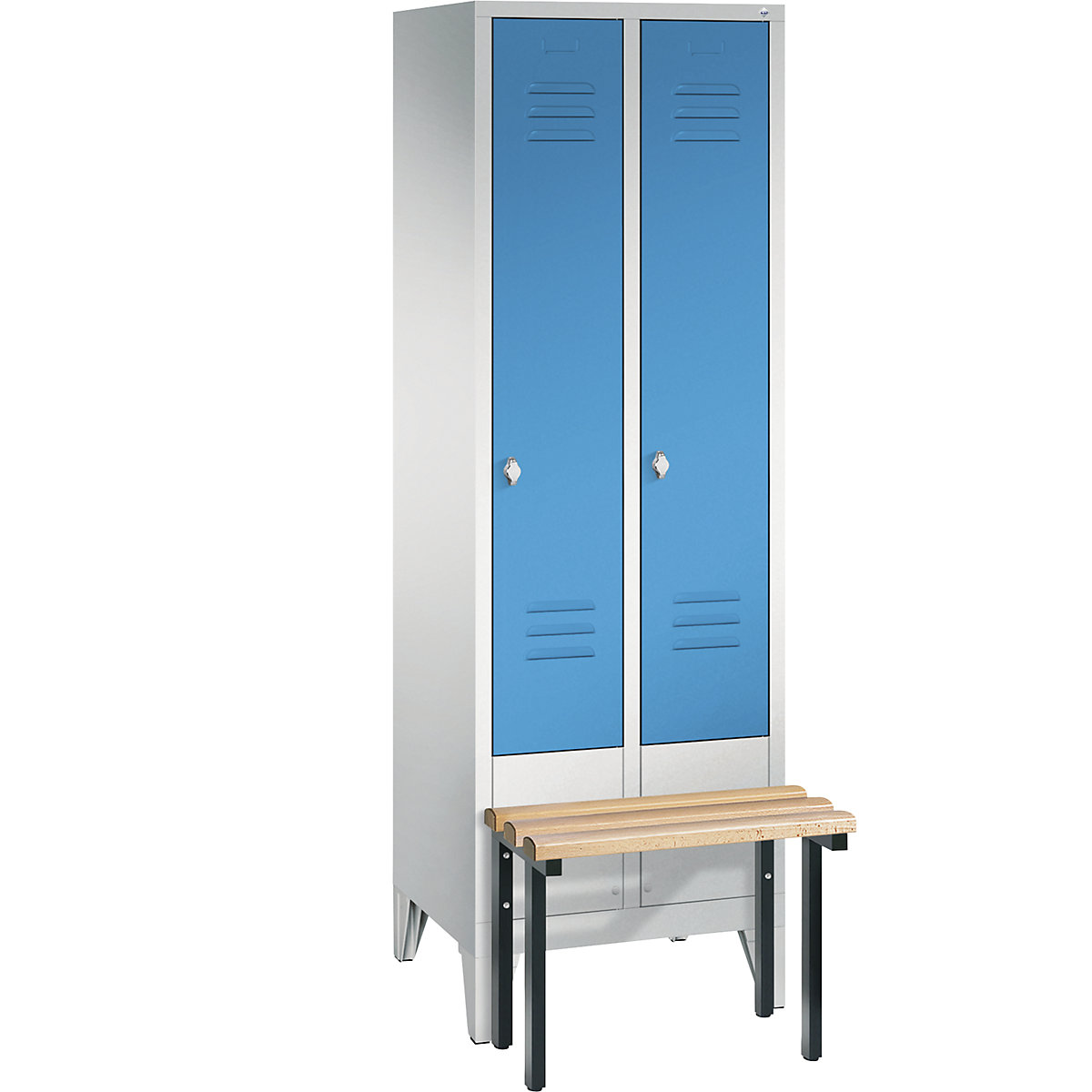 CLASSIC cloakroom locker with bench mounted in front – C+P, 2 compartments, compartment width 300 mm, light grey / light blue-9