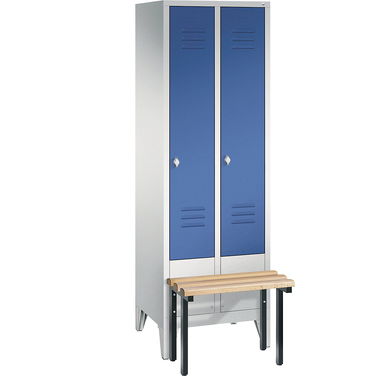 CLASSIC cloakroom locker with bench mounted in front – C+P, 2 compartments, compartment width 300 mm, light grey / gentian blue-5