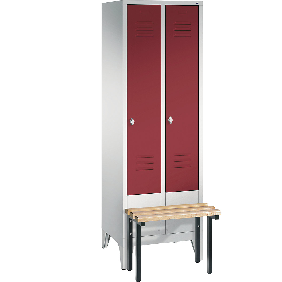 CLASSIC cloakroom locker with bench mounted in front – C+P, 2 compartments, compartment width 300 mm, light grey / ruby red-6