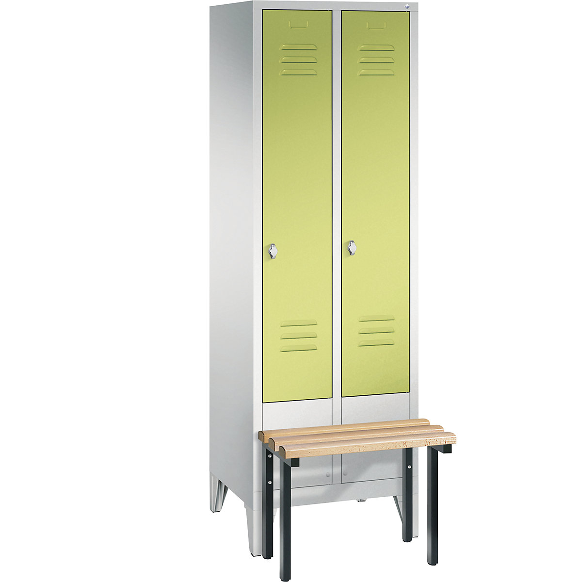 CLASSIC cloakroom locker with bench mounted in front – C+P, 2 compartments, compartment width 300 mm, light grey / viridian green-13
