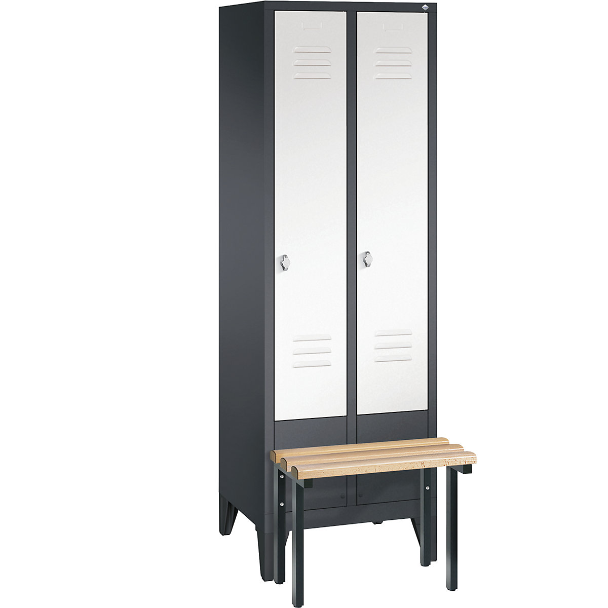 CLASSIC cloakroom locker with bench mounted in front – C+P, 2 compartments, compartment width 300 mm, black grey / traffic white-8