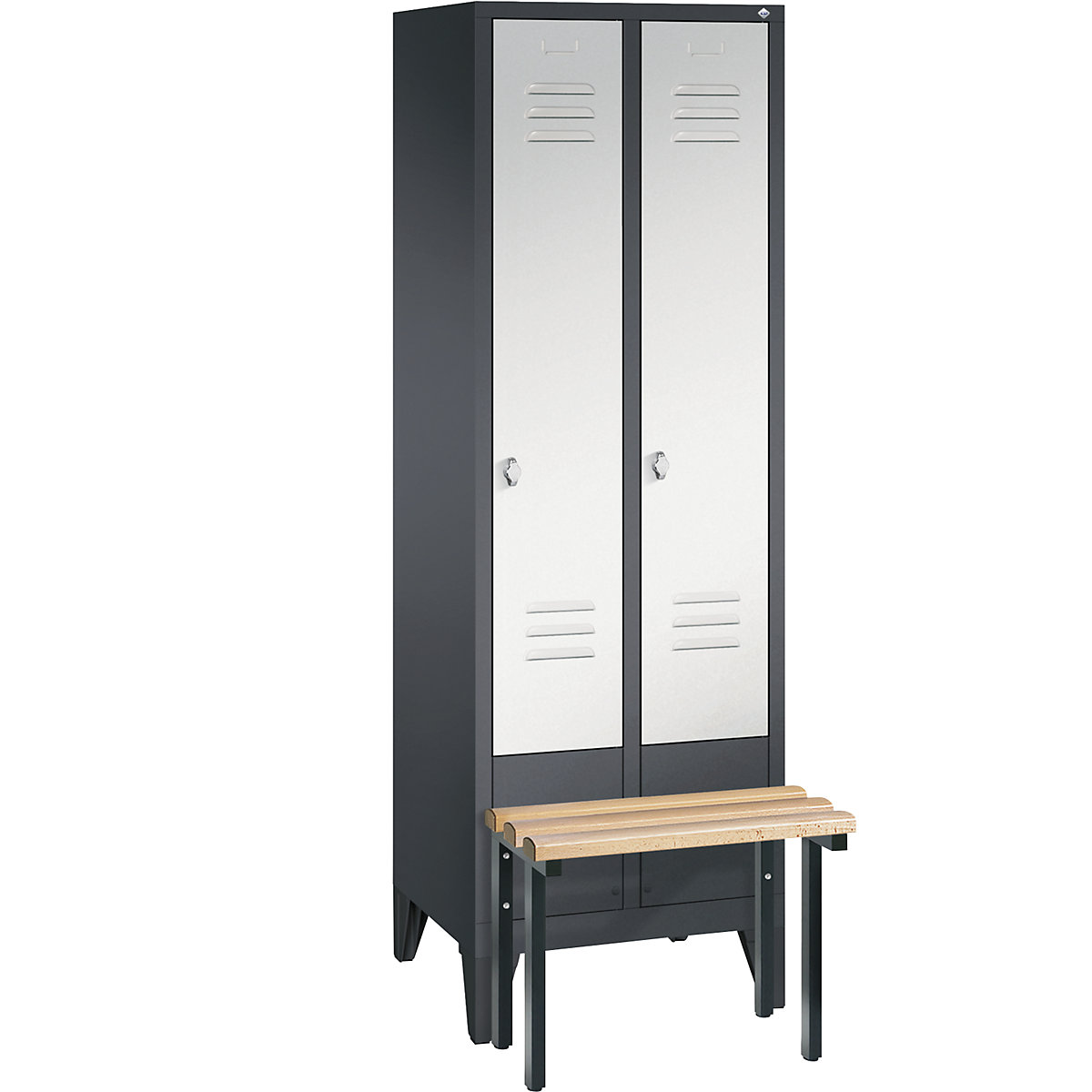 CLASSIC cloakroom locker with bench mounted in front – C+P, 2 compartments, compartment width 300 mm, black grey / light grey-11