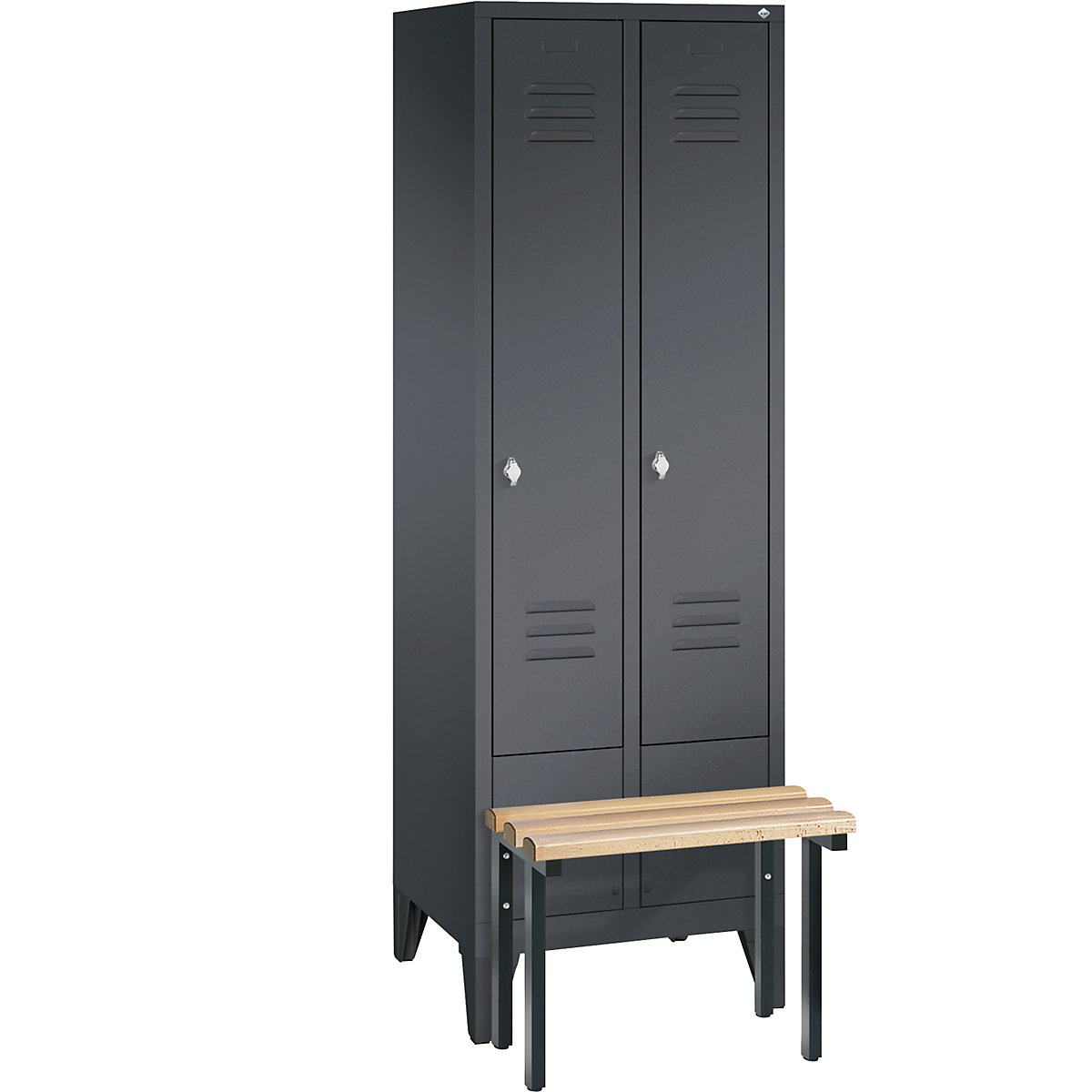 CLASSIC cloakroom locker with bench mounted in front – C+P, 2 compartments, compartment width 300 mm, black grey-3