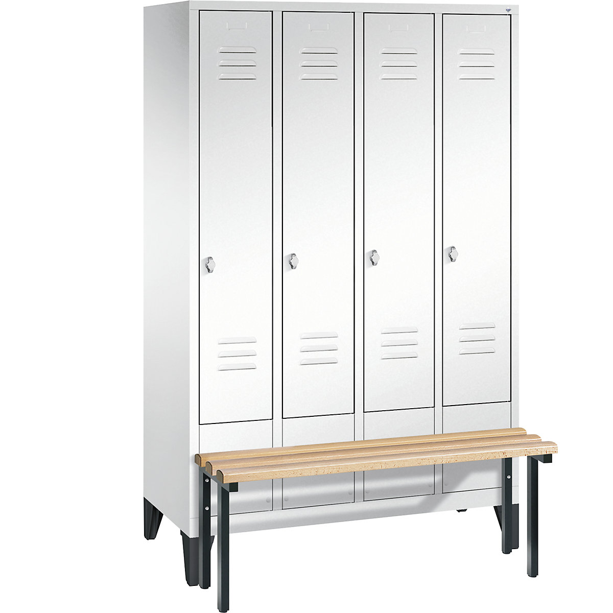 CLASSIC cloakroom locker with bench mounted in front – C+P, 4 compartments, compartment width 300 mm, traffic white-9