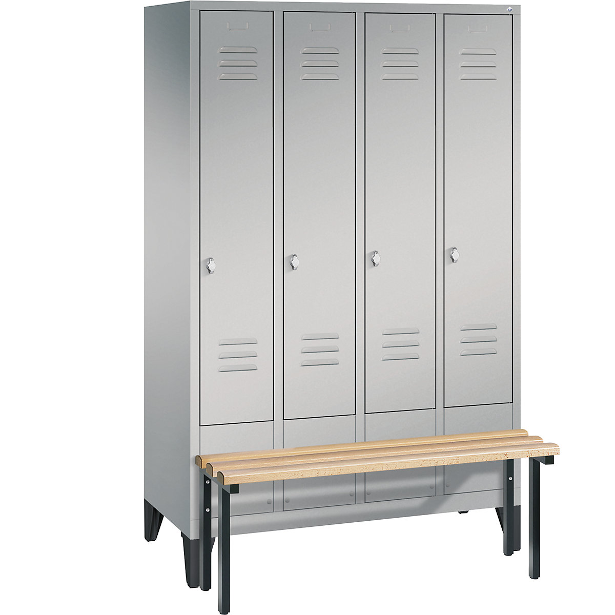 CLASSIC cloakroom locker with bench mounted in front – C+P, 4 compartments, compartment width 300 mm, white aluminium-4