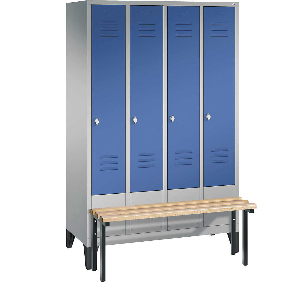 CLASSIC cloakroom locker with bench mounted in front – C+P, 4 compartments, compartment width 300 mm, white aluminium / gentian blue-6