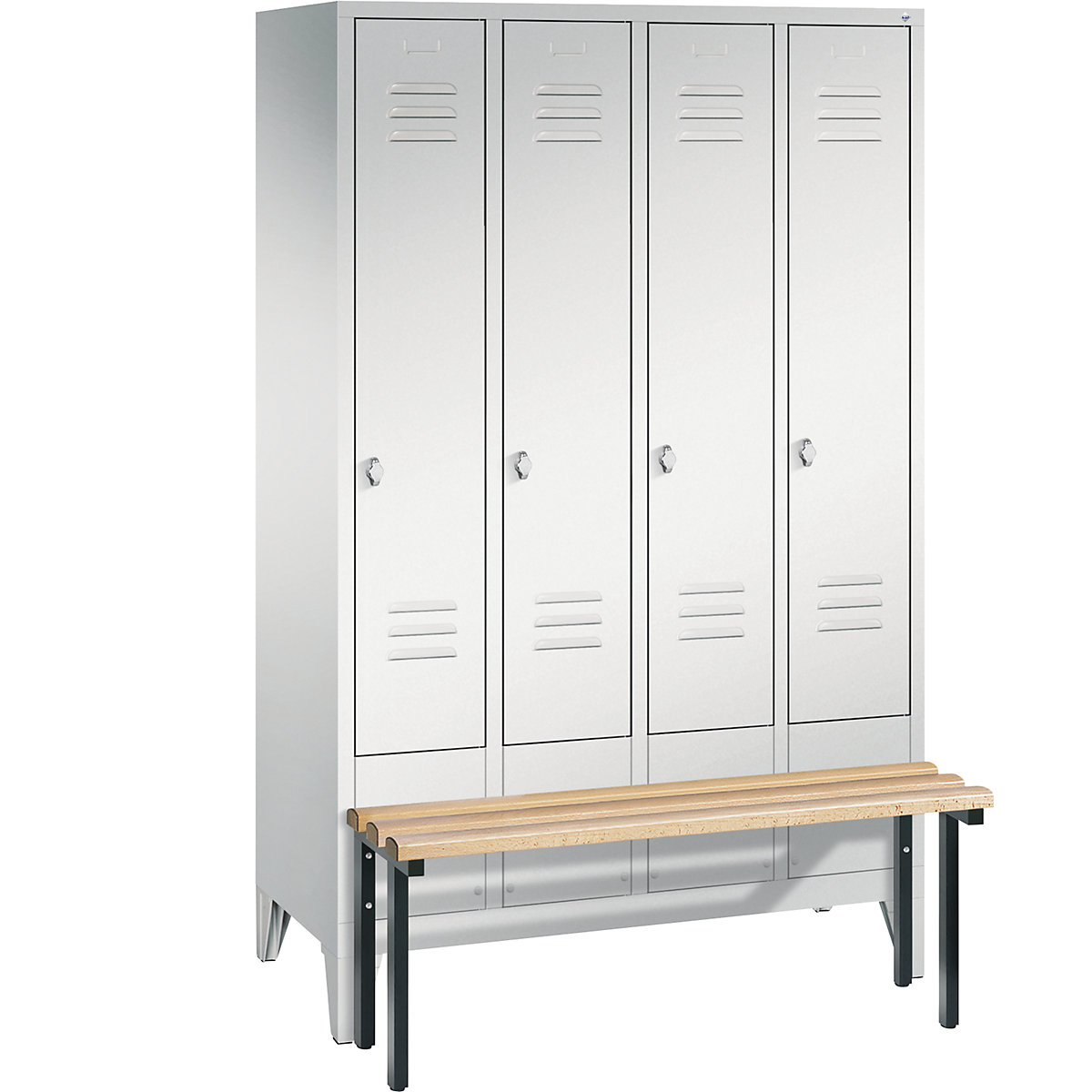 CLASSIC cloakroom locker with bench mounted in front – C+P, 4 compartments, compartment width 300 mm, light grey-13