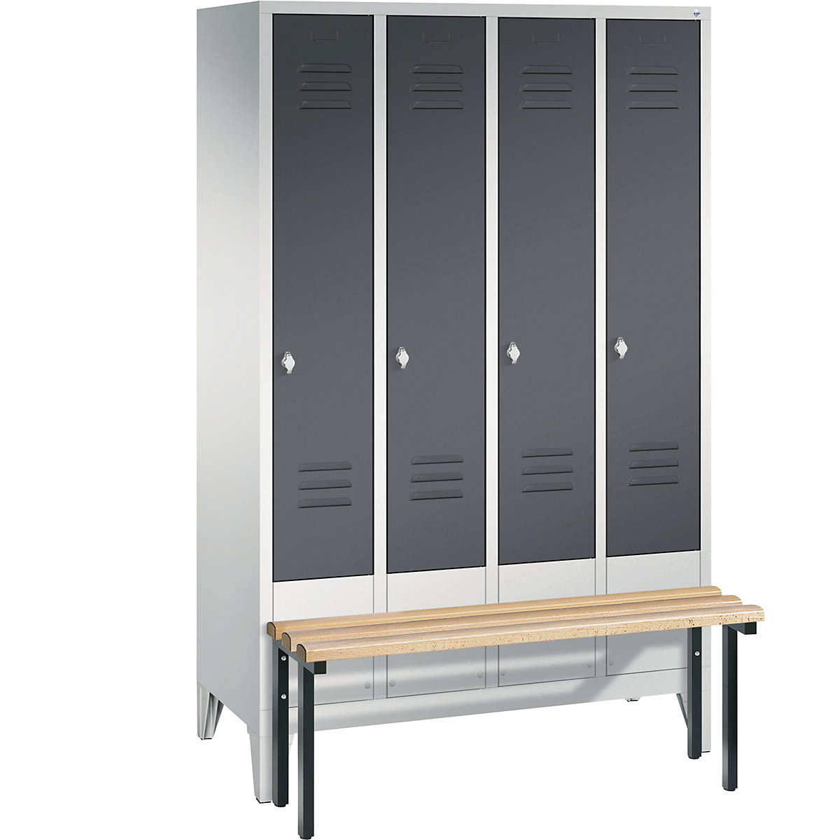 CLASSIC cloakroom locker with bench mounted in front – C+P, 4 compartments, compartment width 300 mm, light grey / black grey-10