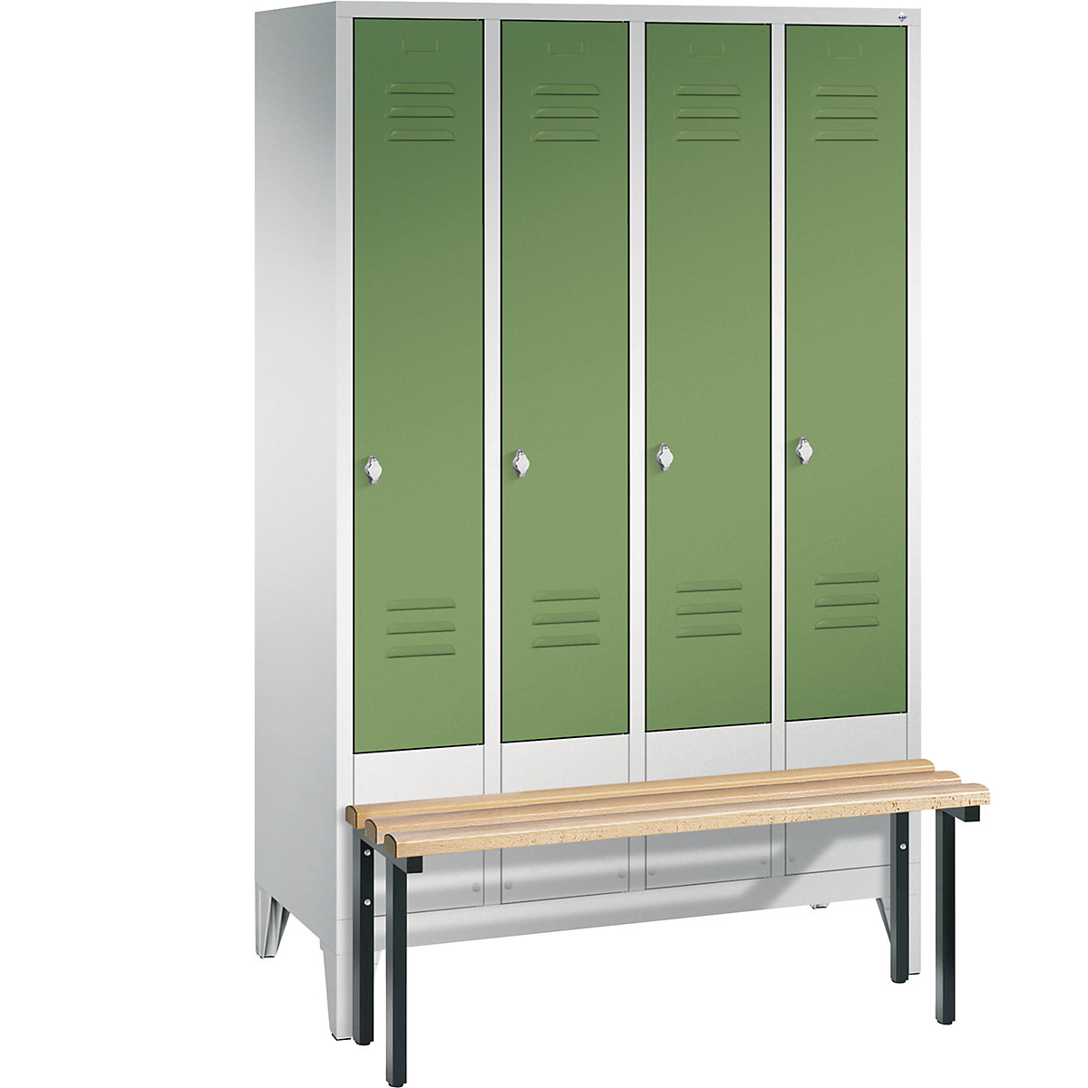 CLASSIC cloakroom locker with bench mounted in front – C+P, 4 compartments, compartment width 300 mm, light grey / reseda green-2