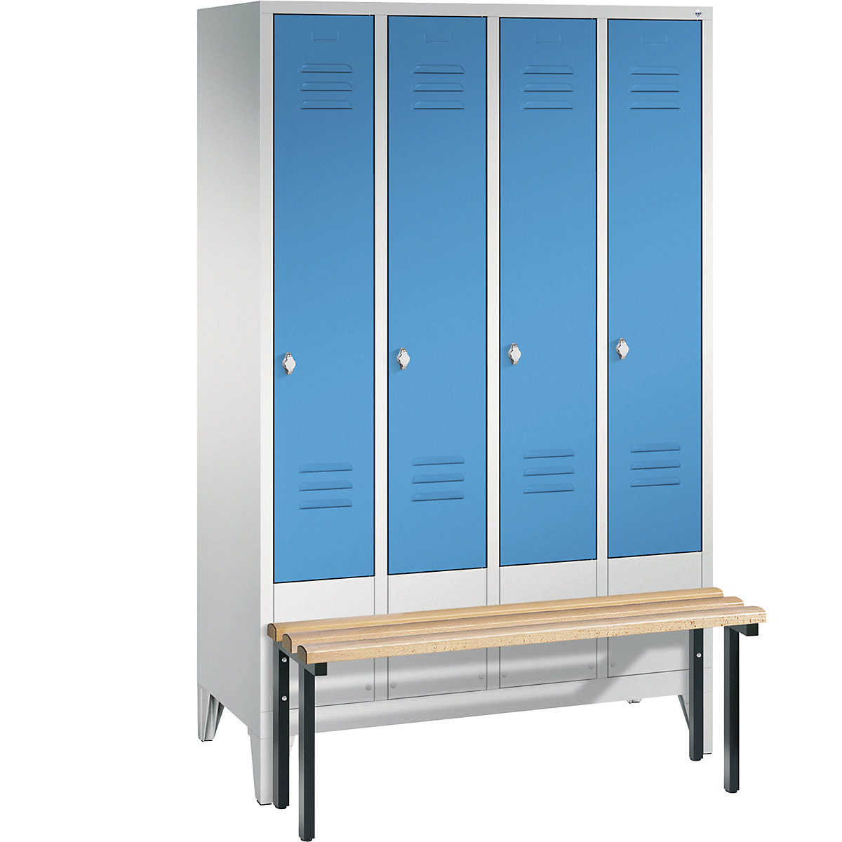 CLASSIC cloakroom locker with bench mounted in front – C+P, 4 compartments, compartment width 300 mm, light grey / light blue-11