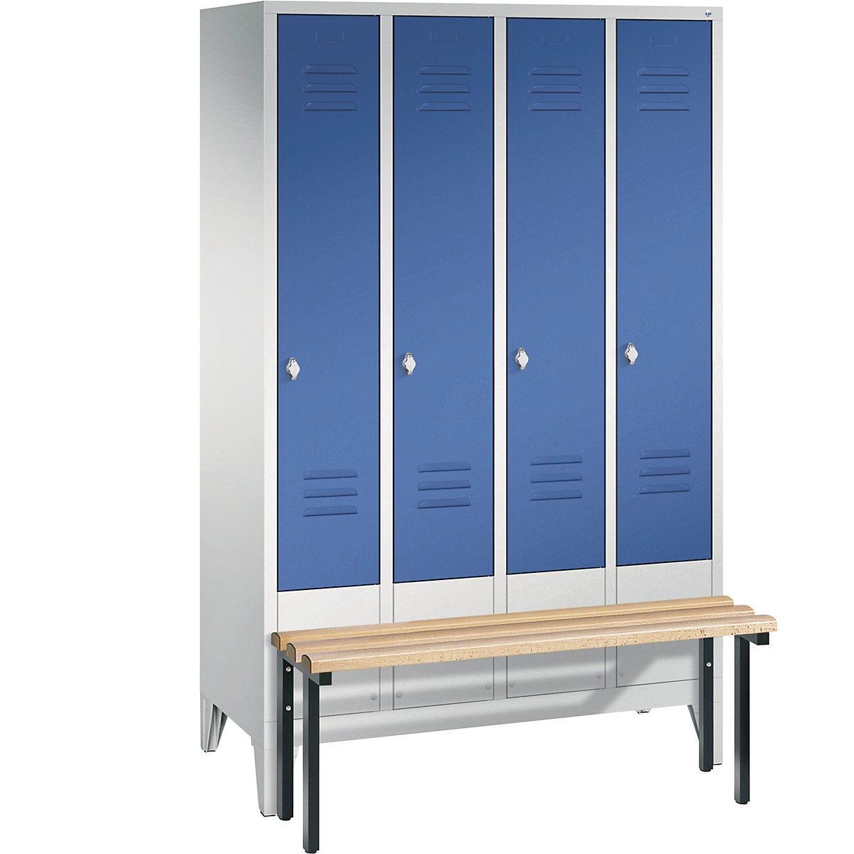 CLASSIC cloakroom locker with bench mounted in front – C+P, 4 compartments, compartment width 300 mm, light grey / gentian blue-5