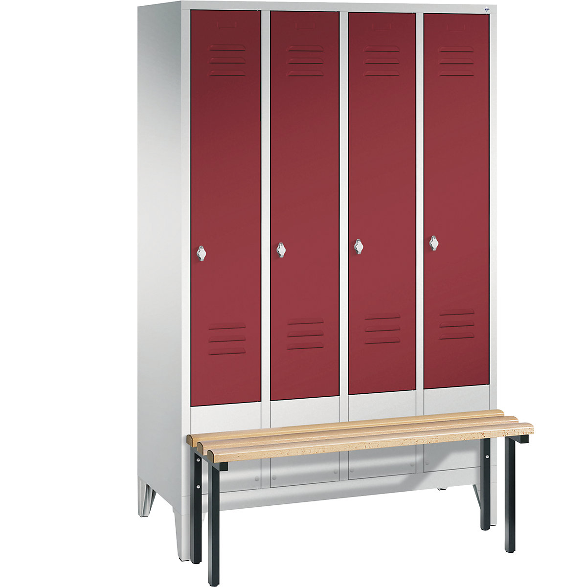 CLASSIC cloakroom locker with bench mounted in front – C+P, 4 compartments, compartment width 300 mm, light grey / ruby red-12