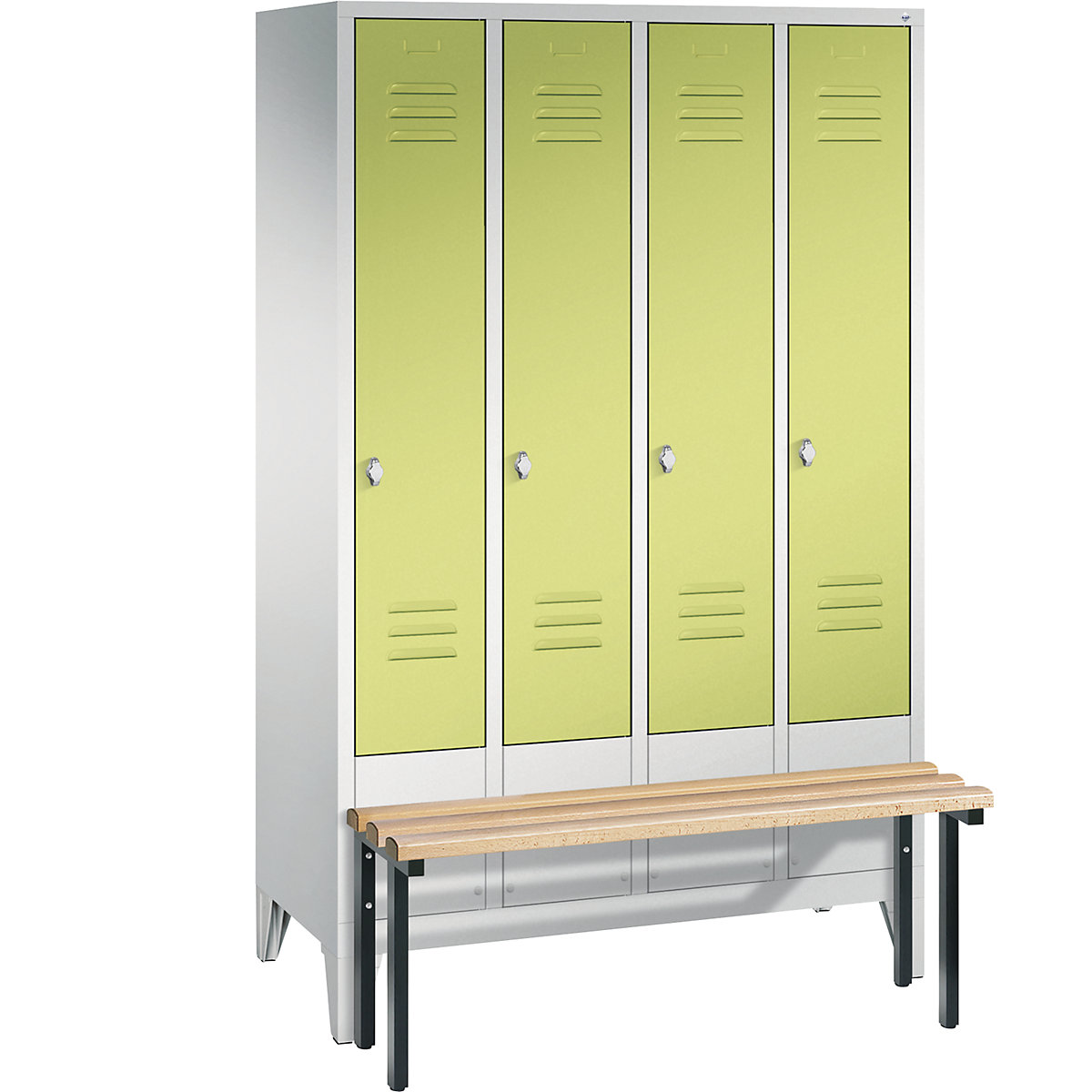 CLASSIC cloakroom locker with bench mounted in front – C+P, 4 compartments, compartment width 300 mm, light grey / viridian green-8