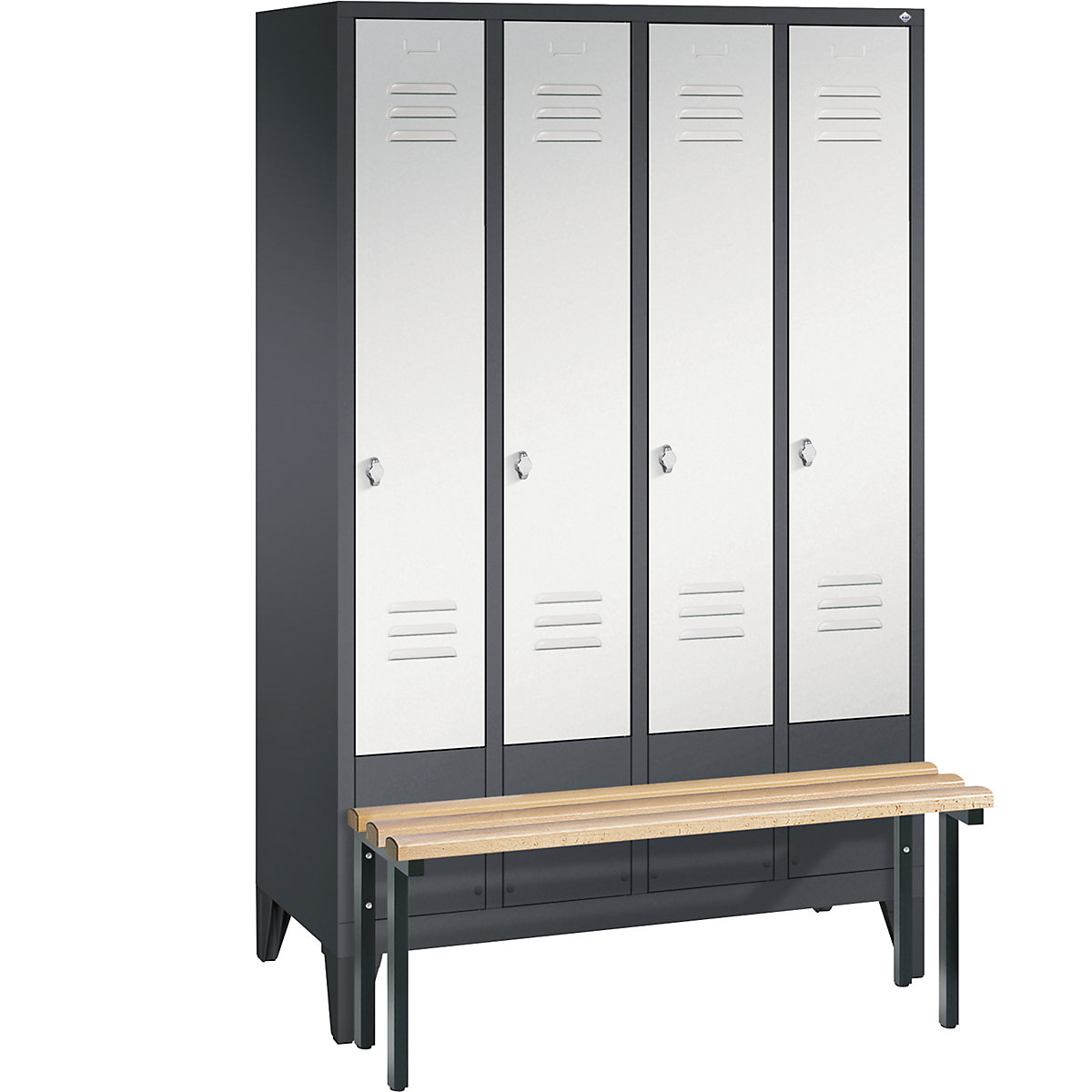 CLASSIC cloakroom locker with bench mounted in front – C+P, 4 compartments, compartment width 300 mm, black grey / light grey-7