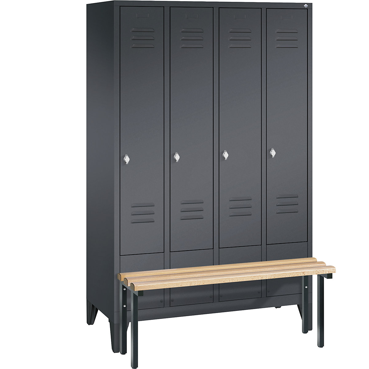 CLASSIC cloakroom locker with bench mounted in front – C+P, 4 compartments, compartment width 300 mm, black grey-14