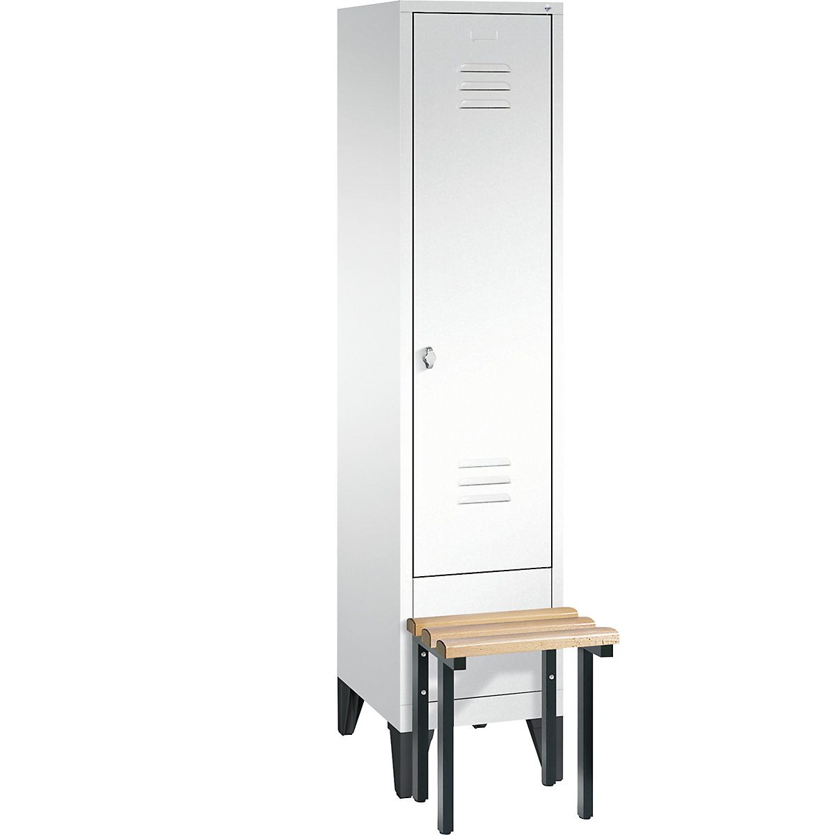CLASSIC cloakroom locker with bench mounted in front – C+P, 1 compartment, compartment width 400 mm, traffic white-14