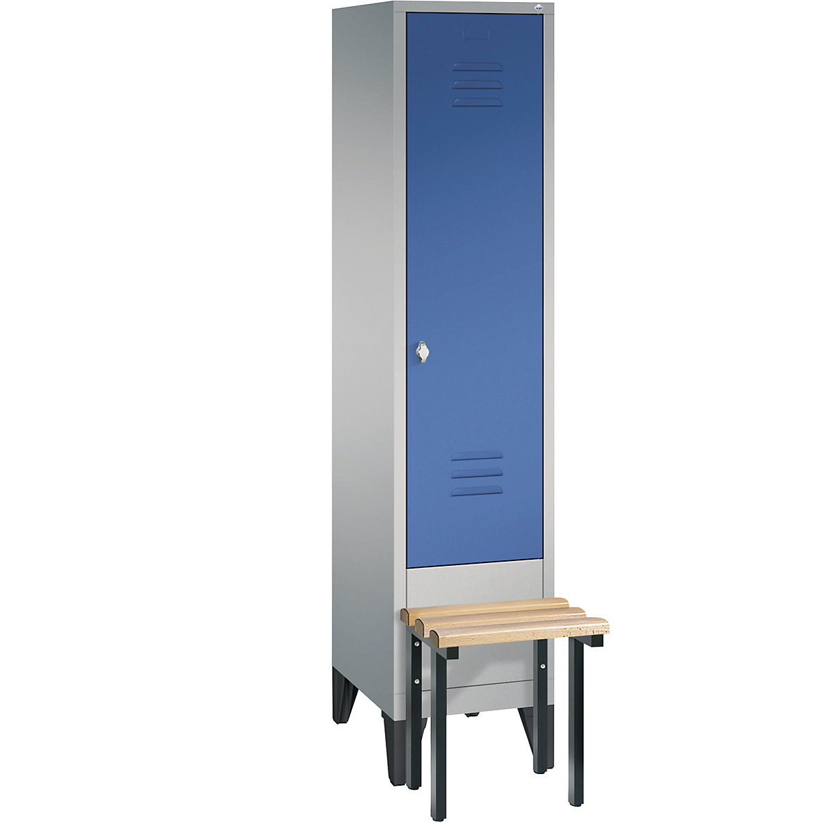 CLASSIC cloakroom locker with bench mounted in front – C+P, 1 compartment, compartment width 400 mm, white aluminium / gentian blue-9