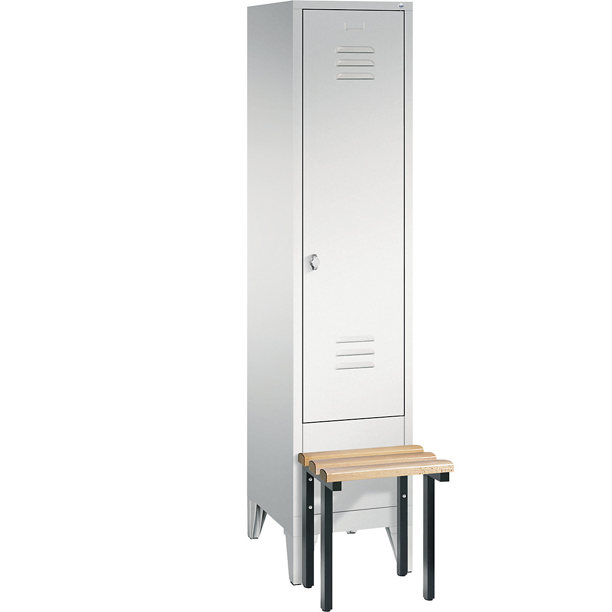 CLASSIC cloakroom locker with bench mounted in front – C+P, 1 compartment, compartment width 400 mm, light grey-6